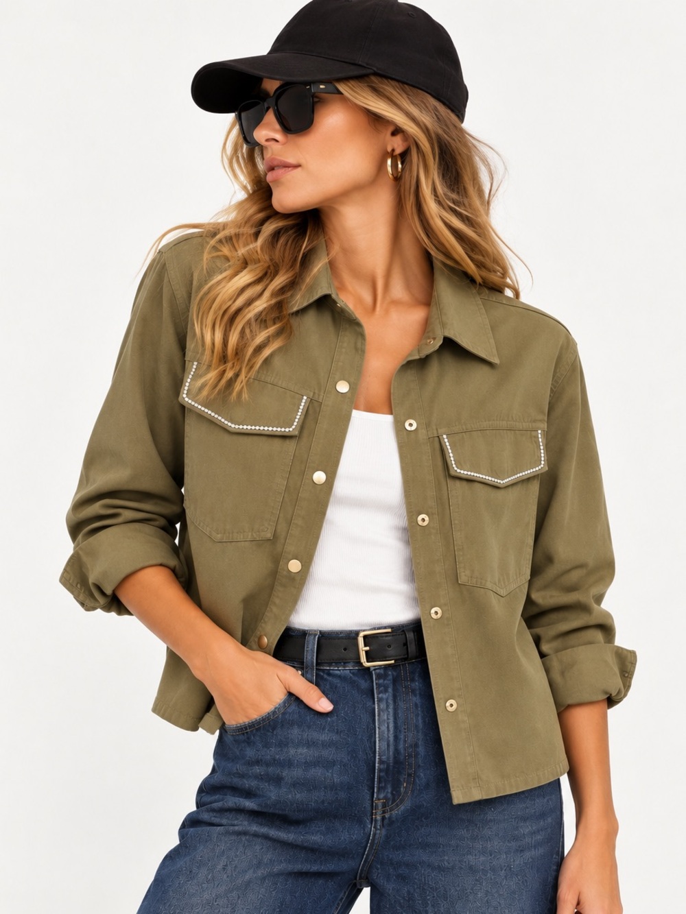 Yest Army Green Shirt Jacket Diamond‑Trim pockets Utility lightweight 10 EUR 42